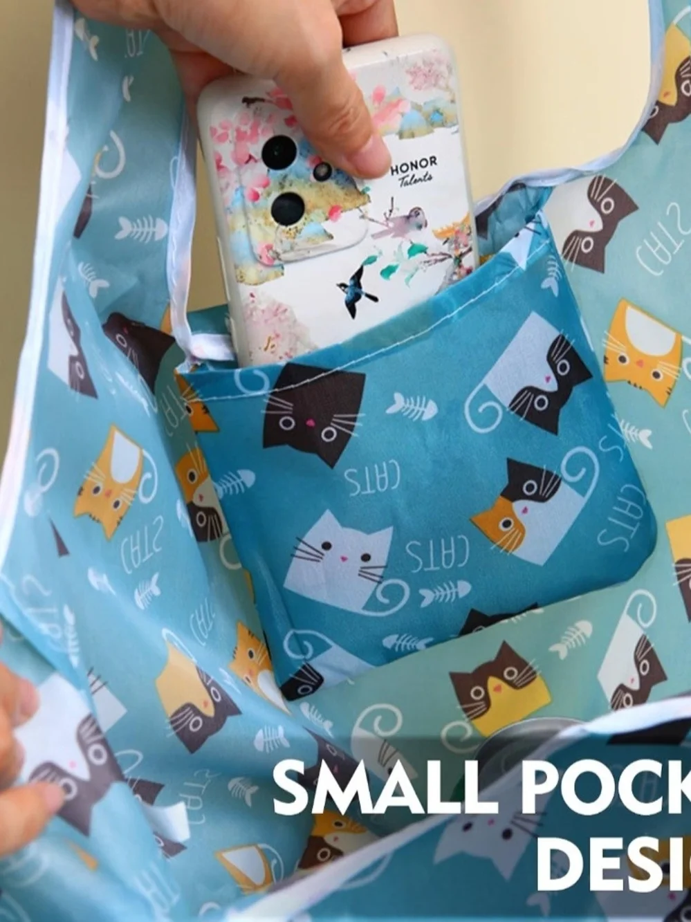Reusable Cat-Print Tote Bag in Teal Blue - Lightweight Pet Lover Shopper